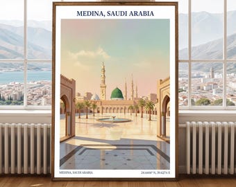 Medina Travel Poster, Masjid Al Nabawi Wall Art, Islamic Cityscape Print