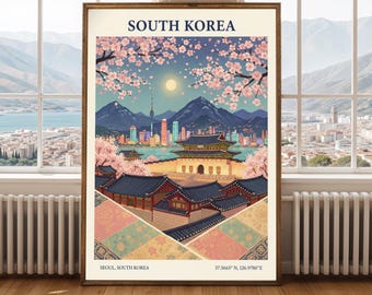 South Korea Travel Poster, Seoul Cityscape Wall Art, Korean Palace Print