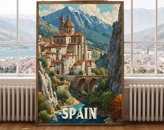 Spain Travel Print, Spanish Village Wall Art, Mountain Landscape Poster