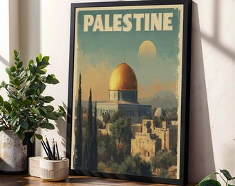 May include: Framed art print featuring a vintage-style illustration of Palestine. The artwork depicts the Dome of the Rock with a golden dome, set against a sky with a large, pale sun. The word "PALESTINE" is printed at the top.