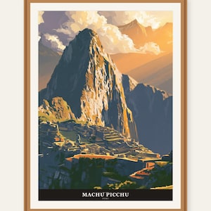 May include: A framed art print depicting the mountain of Machu Picchu in Peru. The illustration features golden sunlight hitting the rocky peak, with clouds in the sky and stone ruins in the foreground. The text "MACHU PICCHU PERU" is at the bottom.