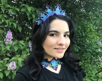 Leather Hand Tooled Oak Leaf Crown and Choker Collar
