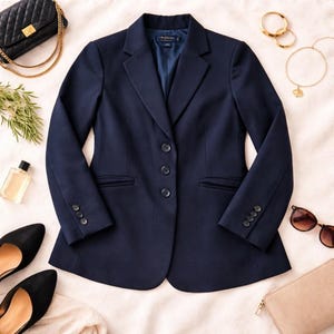 Puede incluir: Un blazer azul marino con tres botones, sobre una superficie blanca. El blazer tiene un diseño clásico con solapa de muesca y mangas largas. Accesorios: bolso negro, tacones negros y joyas doradas.