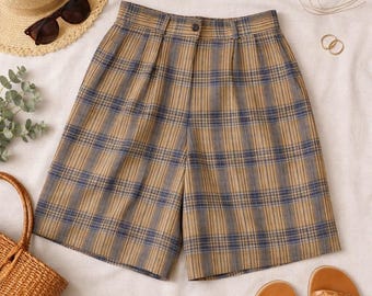 Vintage Talbots Plaid Wool Blend Pleated Shorts Tan Blue High Rise Made USA 10