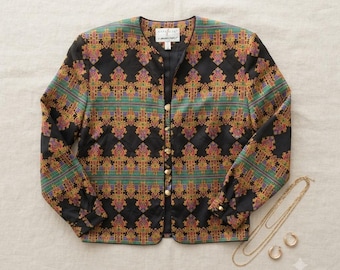 Adrianna Papell Silk Jacket Women 8 Black Multi Vintage Geometric Damask Blazer
