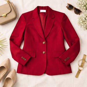 Op de afbeelding: Een felrode blazer met gouden knopen, een klassiek, op maat gemaakt ontwerp. De afbeelding bevat ook een beige handtas, zonnebril, een gouden horloge en beige hakken, wat wijst op een modethema.