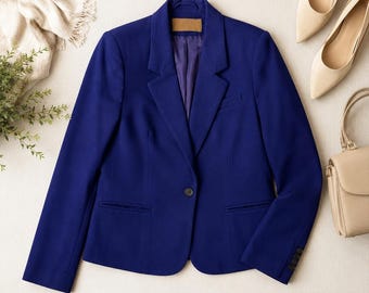Saville Blazer Women 10 Cobalt Blue 100% Pure Wool Button Career Professional