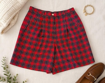 Pantalones cortos de talle alto a cuadros rojos Liz Claiborne Liz Golf, talla 16, vintage, nuevos con etiquetas.