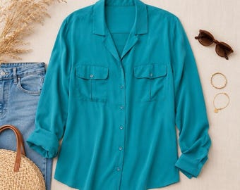 Hasting & Smith Turquoise 100% zijden button-down overhemdblouse, groot L