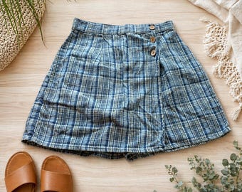 id Sport blauwe geruite katoenen skort vintage stijl overslag short met knopen aan de voorkant maat 14