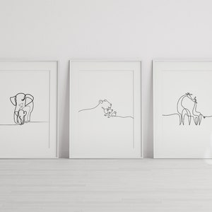 Digital Download Wall Art Set of 3: Minimalist Single Line Elephant, Giraffe, Lion with Babies - Black & White Modern Nursery Animal Decor