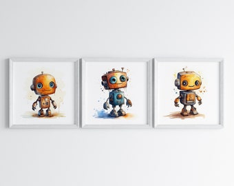 May include: Three watercolor paintings of robots with different colored bodies and blue eyes. The robots are standing on a white background.