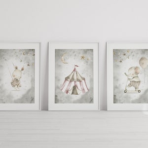 Digital Download Wall Art: Set of 3 Watercolor Circus Bunny & Elephant, Whimsical Children Room, Nursery Decor, Contemporary Playroom Prints