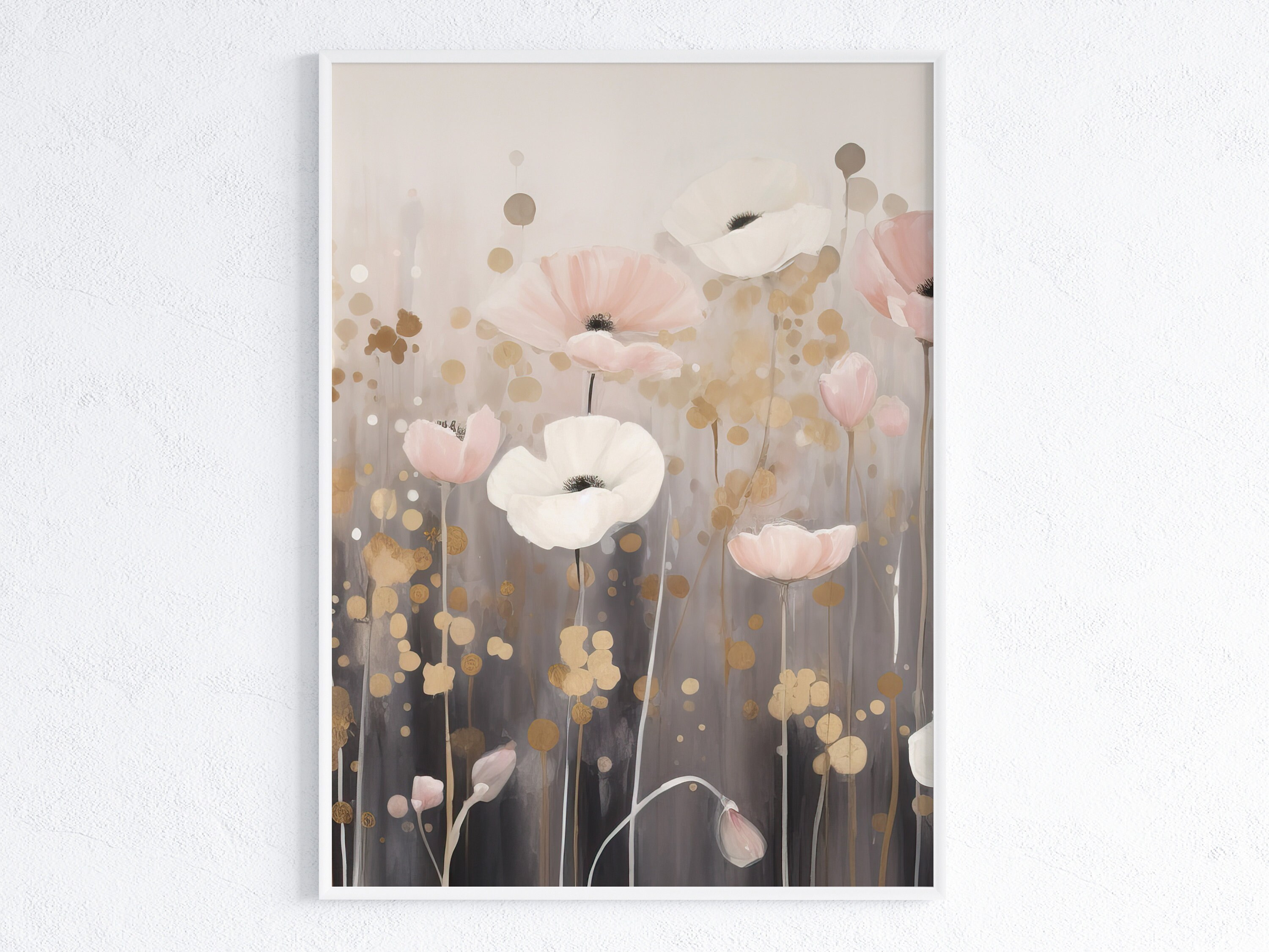 Digital Download Wall Art Set of 3: Gray Pink Watercolor Wildflower ...