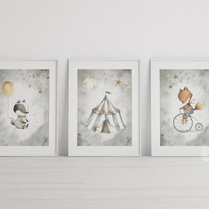 Digital Download Wall Art: Set of 3 Watercolor Circus Raccoon & Fox, Whimsical Children&#39;s Room, Nursery Decor, Contemporary Playroom Prints