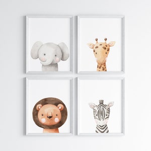 Digital Download Wall Art Set of 4: Elephant, Giraffe, Lion, Zebra - Safari Adventure for Nursery, Baby Room, Kids, Children&#39;s Playroom