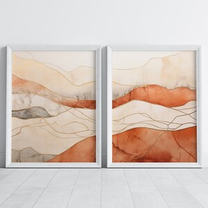 Digital Download Wall Art Set of 2: Abstract Terracotta & Gold Landscape, Watercolor Kintsugi Style, Minimal Soothing Decor, Earthy, Warm