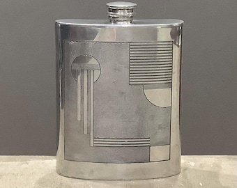 Art Deco English Pewter Flask with Geometric Pattern and Beefeater Mark / Sheffield England