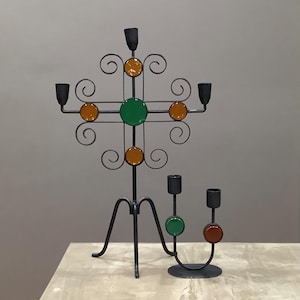 Vintage Gunnar Ander for Ystad Metall Iron Candelabra and Candleholder / Green and Yellow Glass