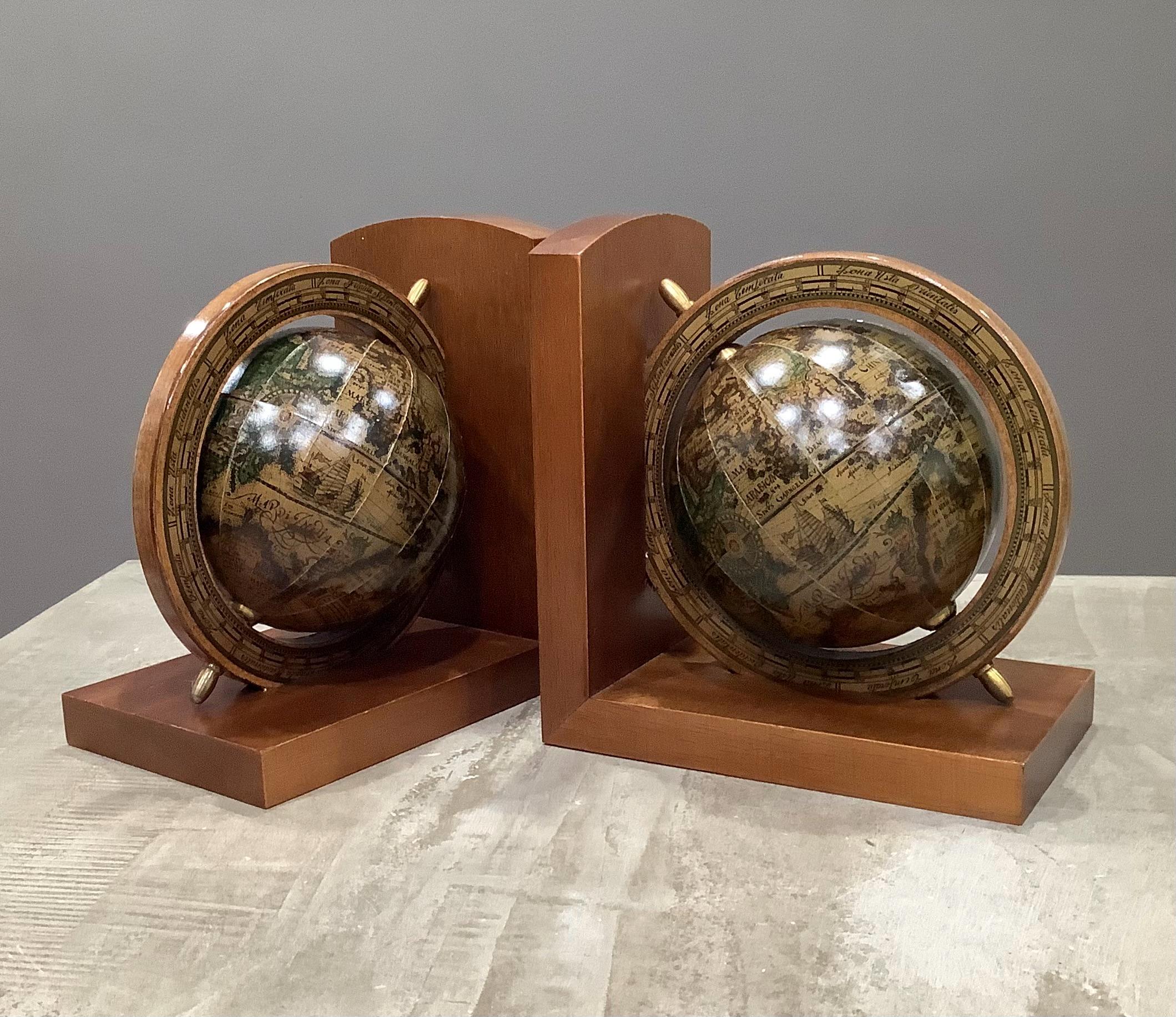 Vintage Pair of Italian World Globe Spinning Rotating Wooden Bookends ...