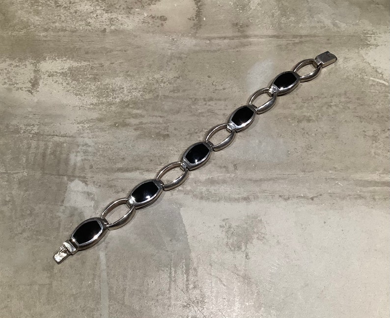 Vintage Sterling Silver Stamped 925 Black Onyx Link Bracelet image 4