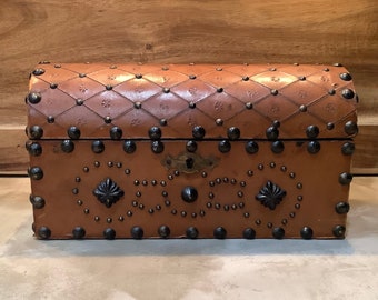 Leather Wrapped Studded Domed Wooden Treasure Chest Trinket Box