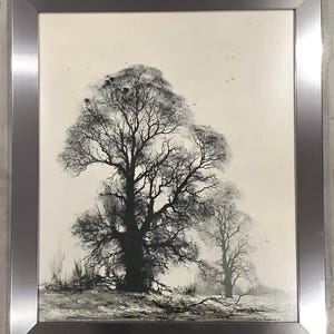 May include: Black and white framed artwork depicting three bare trees against a light background. The artwork has a silver frame. The artist's signature is visible in the lower right corner.
