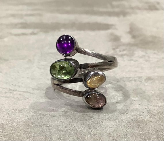Signed Native American Navajo Amethyst Peridot Garnet Sterling Silver Bracelet Signed Native American Navajo Amethyst Peridot Garnet Sterling Silver Bracelet