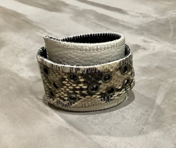 Artisan Black and Cream Leather and Snake Skin Wr… - image 2