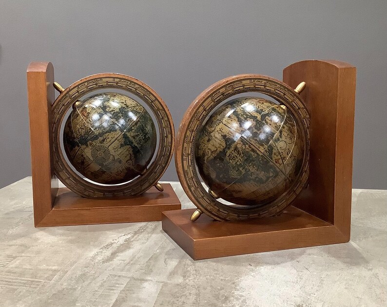 Vintage Pair of Italian World Globe Spinning Rotating Wooden Bookends ...