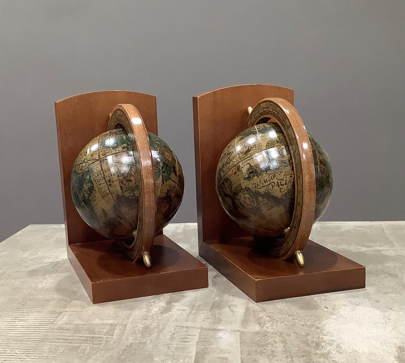 Vintage Pair of Italian World Globe Spinning Rotating Wooden Bookends ...