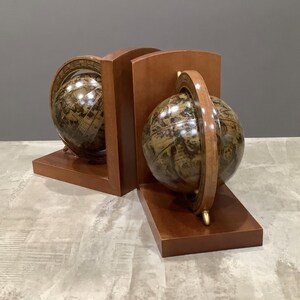 Vintage Pair of Italian World Globe Spinning Rotating Wooden Bookends ...