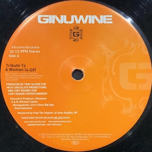 May include: An orange vinyl record featuring the artist Ginuwine. The record includes the text "GINUWINE" at the top and the song title "Tribute To A Woman" with a 4:59 runtime. The record is a 33 1/3 RPM Stereo.