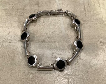 Vintage Sterling Silver Stamped 925 Black Onyx Link Bracelet