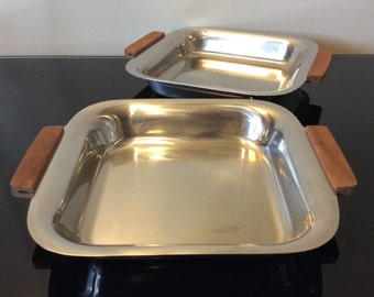 Mid Century AB Sweden Stainless Steel Trays with Teak Handles