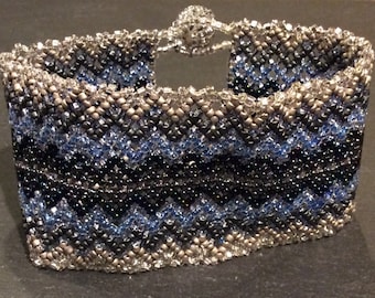 Vintage Blue and Silver Beaded Woven Wrap Bracelet