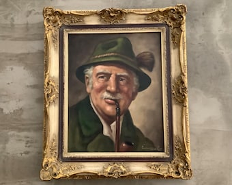 Vintage Hans Frenzel Bavarian Smoking Pipe Old Man Oil Painting