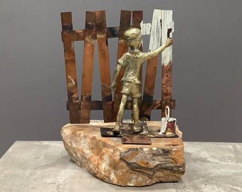 Vintage Bijan Stone and Brass Sculpture / Boy Painting Fence