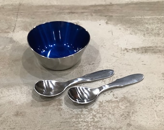 Georg Jensen Mitra Stainless Steel Spoons and MG Denmark Blue Enamel Cellar
