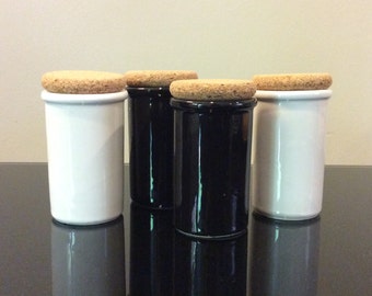 Vintage Italy Black and White Ceramic Condiment Spice Jars with Cork Stoppers