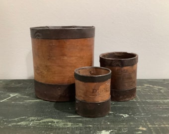 Antique French Wood and Metal Grain Measuring Cups (set of 3)