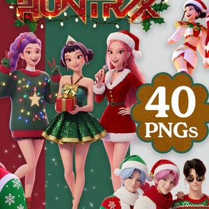 Puede incluir: Ilustración digital con temática navideña, mostrando personajes con atuendos festivos. Incluye un gato azul con gorro de Papá Noel, parejas y grupos de personas. También presenta el texto "HUNTRAX" y "40 PNGs".