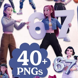 Puede incluir: Ilustraciones digitales de figuras femeninas estilizadas sosteniendo los números 6 y 7. Las figuras visten varios atuendos modernos. Una pancarta azul muestra "40+ PNGs". El tema general es la moda y el arte digital.