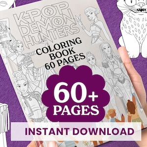 Puede incluir: Un libro para colorear titulado "K-Pop Demon Hunters" con 60 páginas, sostenido por una persona. La portada presenta ilustraciones de personajes de estilo anime. Ilustraciones adicionales incluyen un gato, una lata de refresco y otros personajes.