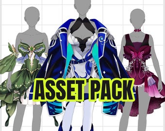 Puede incluir: Tres diseños de atuendos de fantasía. Los atuendos incluyen un vestido verde y blanco con detalles de mariposa, un atuendo azul y blanco con capa y un vestido burdeos con falda rosa. El texto "ASSET PACK" se muestra en amarillo.
