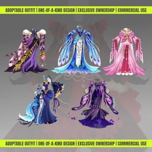 May include: Five fantasy outfits in various colors, including purple, blue, and pink. Each outfit features unique designs with flowing fabrics and intricate details. The image includes the text: ADOPTABLE OUTFIT | ONE-OF-A-KIND DESIGN | EXCLUSIVE OWNERSHIP | COMMERCIAL USE.