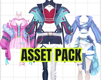 Puede incluir: Se muestran tres atuendos de estilo anime, cada uno con un diseño único. Los atuendos incluyen chaquetas, tops, pantalones cortos y faldas en varios colores como rosa, azul y negro. El texto "ASSET PACK" se muestra en amarillo y negro.