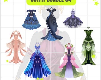 Puede incluir: Imagen que muestra una colección de vestidos de fantasía. Los vestidos presentan una variedad de colores, incluyendo azul, rosa, morado y verde. El texto "OUTFIT BUNDLE 04" se muestra en la parte superior, con "OUTFIT BUNDLE P2U" en la parte inferior.