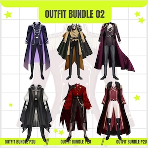 May include: Six illustrated outfits are shown, each with a distinct design. The outfits feature coats, jackets, trousers, and boots in colours like black, red, purple, and gold. The text "OUTFIT BUNDLE 02" is at the top, and "OUTFIT BUNDLE P2U" is at the bottom.