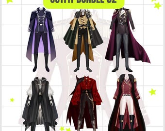 Puede incluir: Se muestran seis conjuntos ilustrados, cada uno con un diseño único. Los conjuntos incluyen abrigos, chaquetas, pantalones y botas en varios colores como negro, rojo, morado y dorado. El texto "OUTFIT BUNDLE 02" está en la parte superior y "OUTFIT BUNDLE P2U" en la inferior.